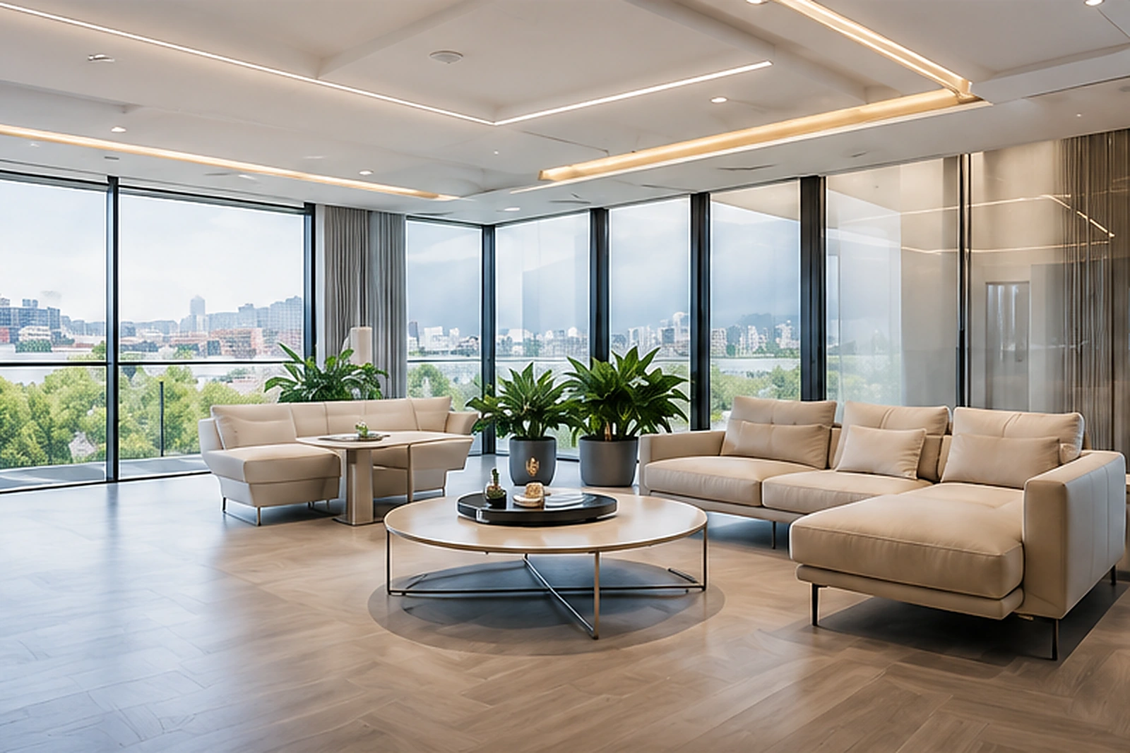 Helles, modernes Büro mit Blick auf eine Schweizer Stadt